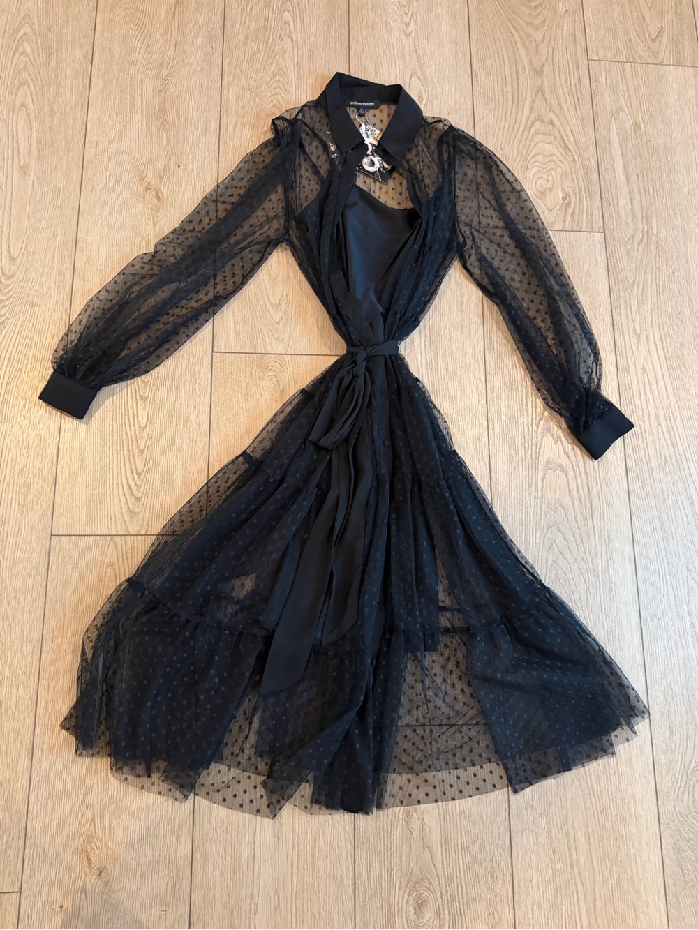 Jealous Tomato Black Sheer Polka Dot Midi Dress with Tie Waist